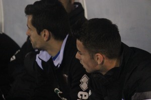 Pedro Orfila y David Concha, jugadores del CD Numancia, durante el partido entre CD Leganés y el conjunto soriano. Foto: Arturo Herrera.